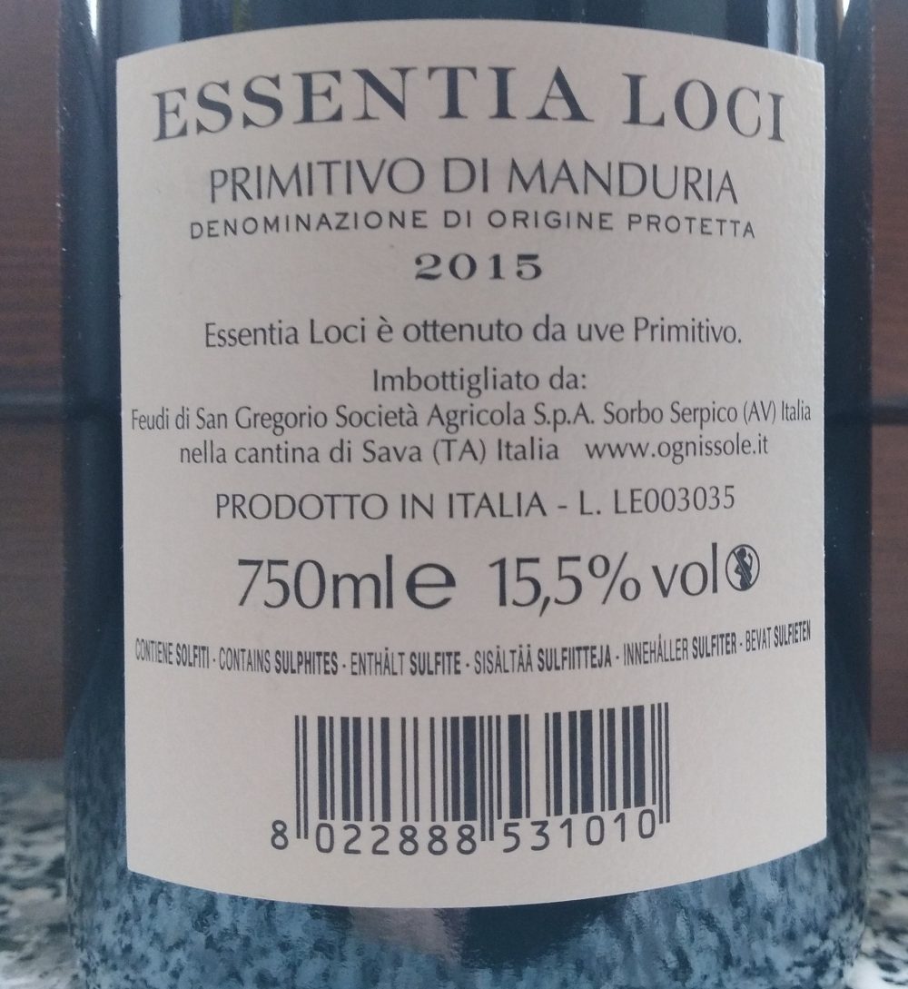 Controetichetta Essentia Loci Primitivo di Manduria Dop 2015 Ognissole