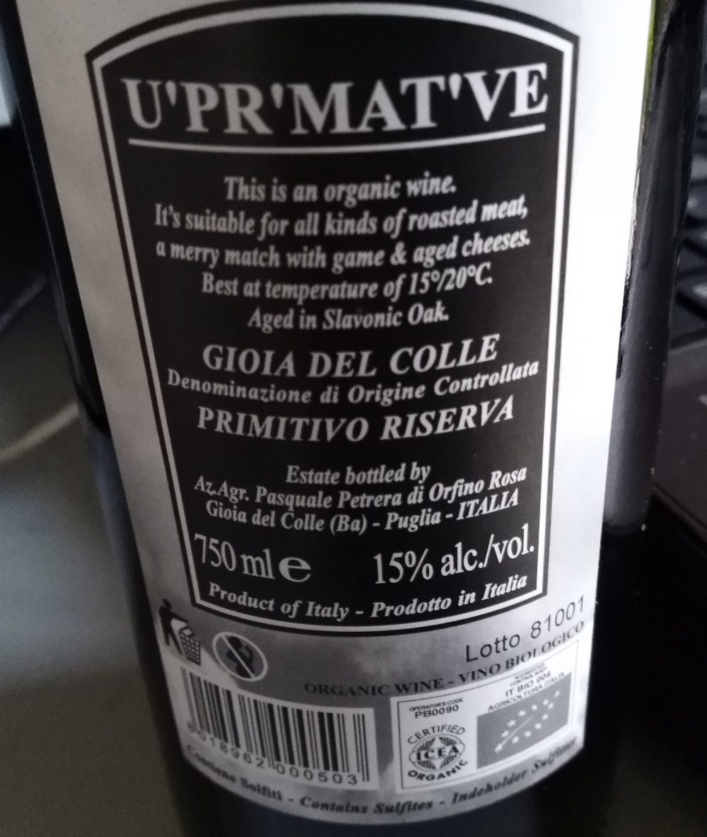 Controetichetta Fatalone Primitivo Gioia del Colle Riserva Bio Doc 2015 Petrera