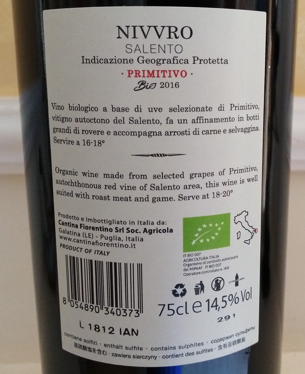 Controetichetta Nivvro Salento Igp 2016 Cantina Fiorentino