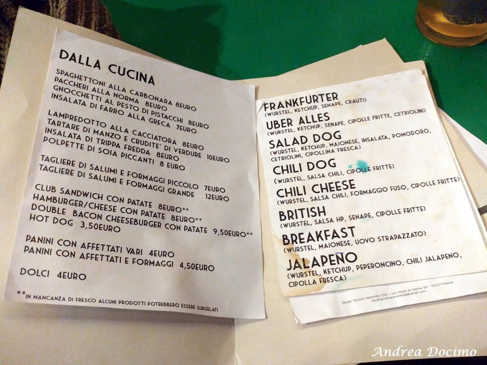 Diorama Pub a Firenze. Menu