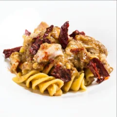 Genovese di Coniglio, peperone crusco, riduzione di carota