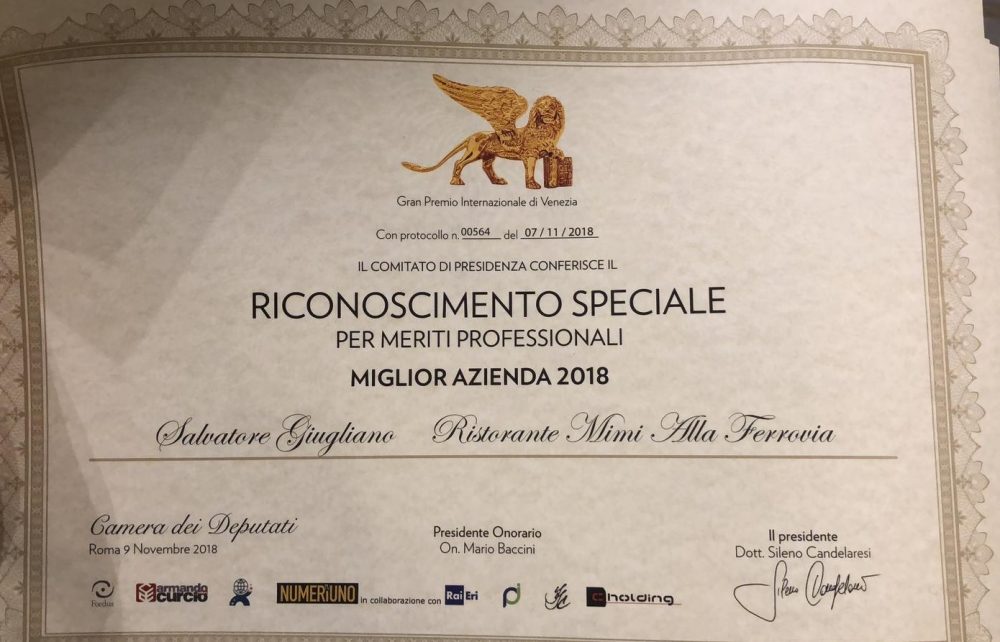 Riconoscimento miglior azienda 2018 -Ristorante Mimi' alla ferrovia Napoli