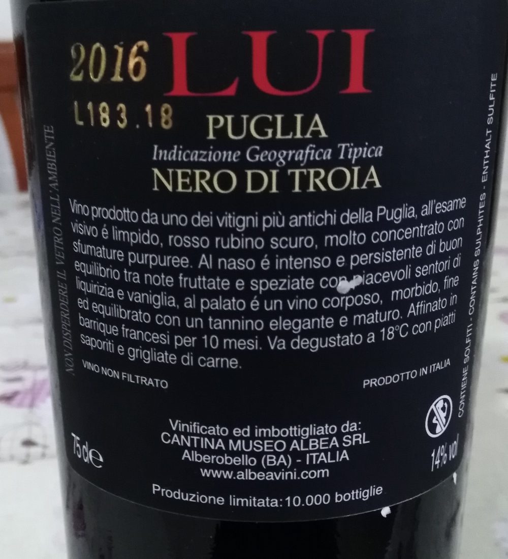 Controetichetta Lui Nero di Troia Puglia Igt 2016 Cantina Albea