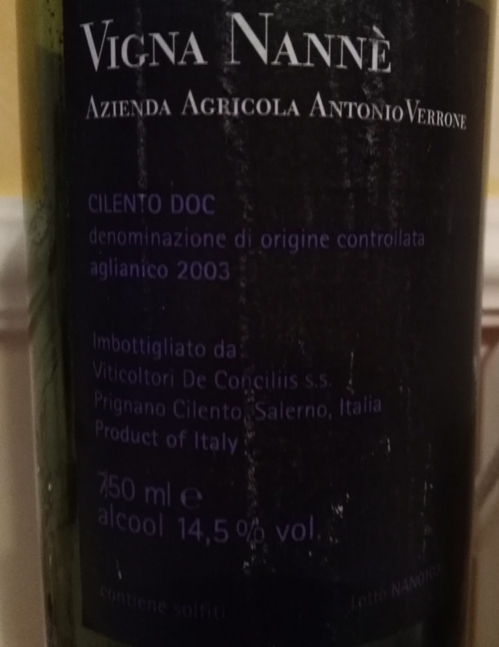 Controetichetta Vigna Nanne' Aglianico Cilento Doc 2003 Antonio Verrone Viticoltore