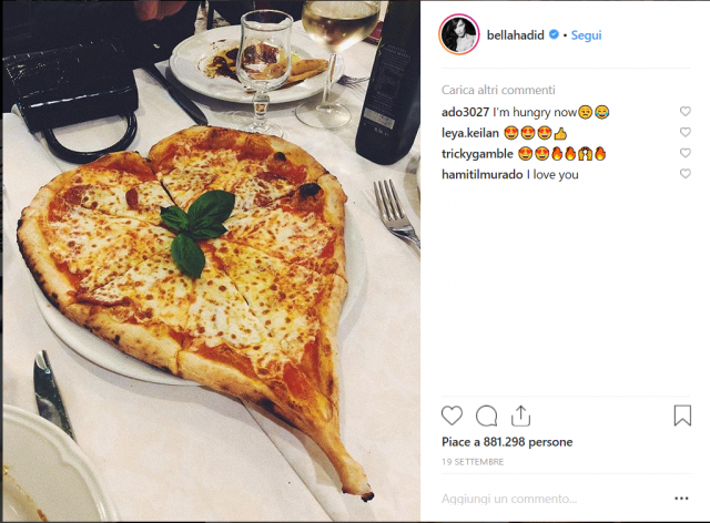 La pizza romantic style nel profilo instagram di Bella Khair Hadid