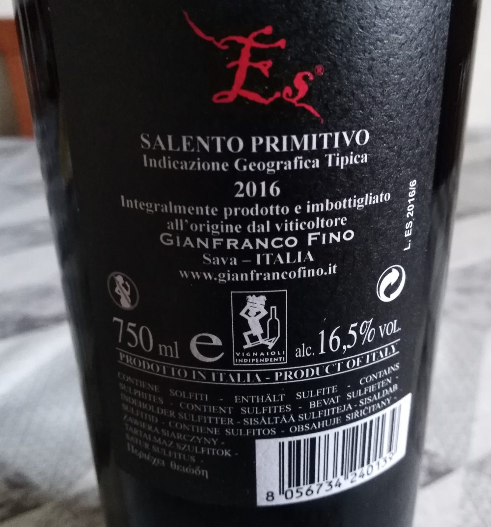 Controetichetta Es Salento Primitivo Igt 2016 Gianfranco Fino