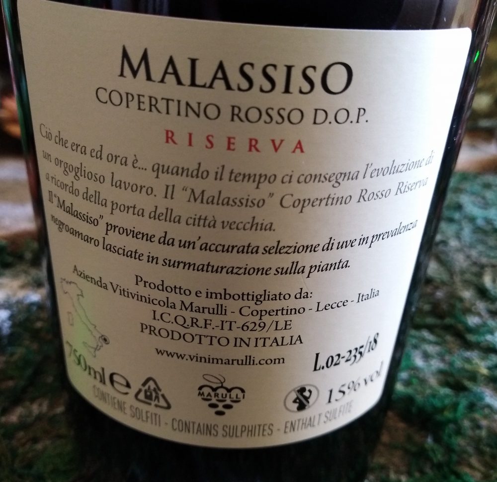 Controetichetta Malassiso Copertino Rosso Riserva Dop 2015 Marulli