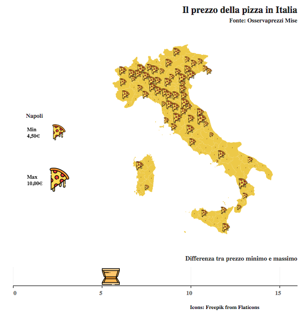 La mappa del prezzo della pizza in Italia