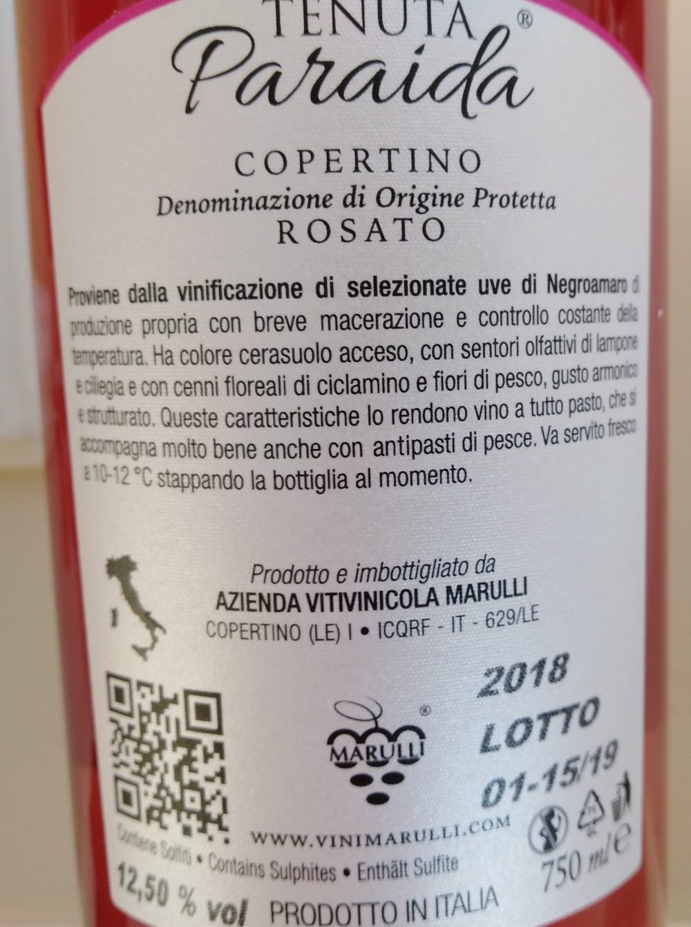 Controetichetta Tenuta Paraida Rosato Copertino Dop 2018 Marulli