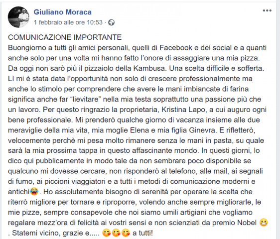 L'annuncio di Giuliano Moraca