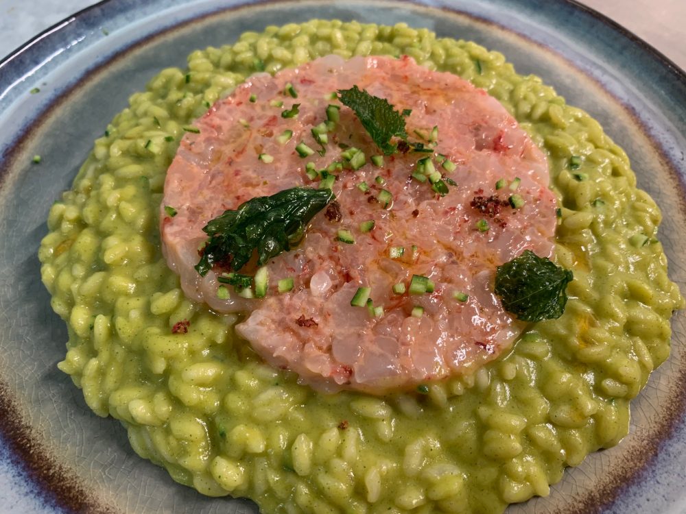 Suscettibile - risotto con zucchine e tartare di gamberone rosso