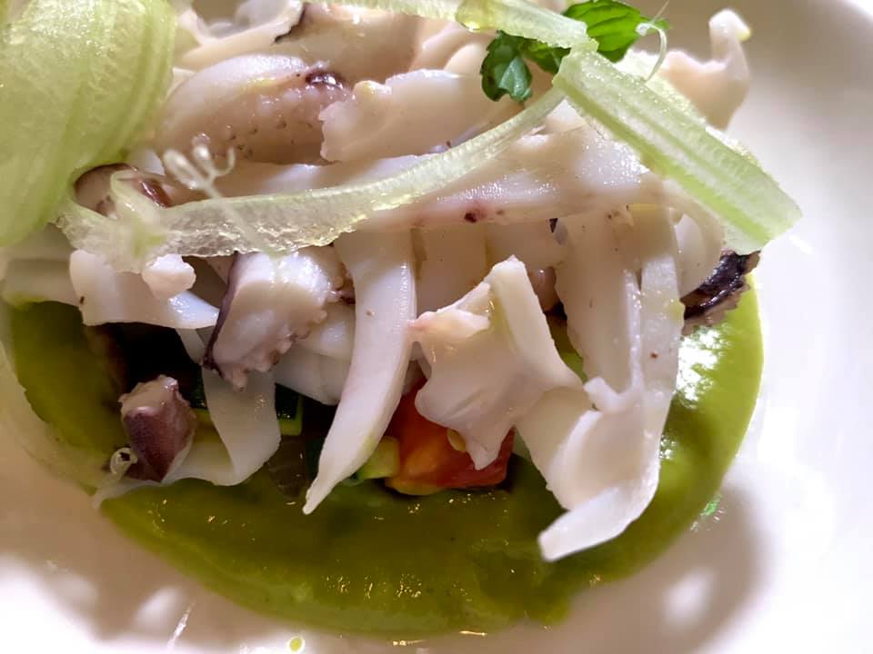 Aquadulcis , julienne di seppia con caponata di verdure e crema di zucchine alla scapece