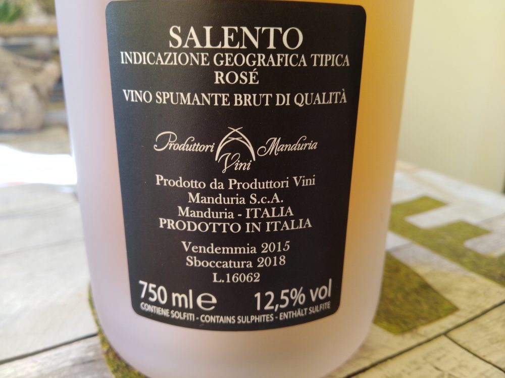 Controetichetta Leggiadro Spumante Rose' Brut Salento Igt Metodo Classico Produttori di Manduria