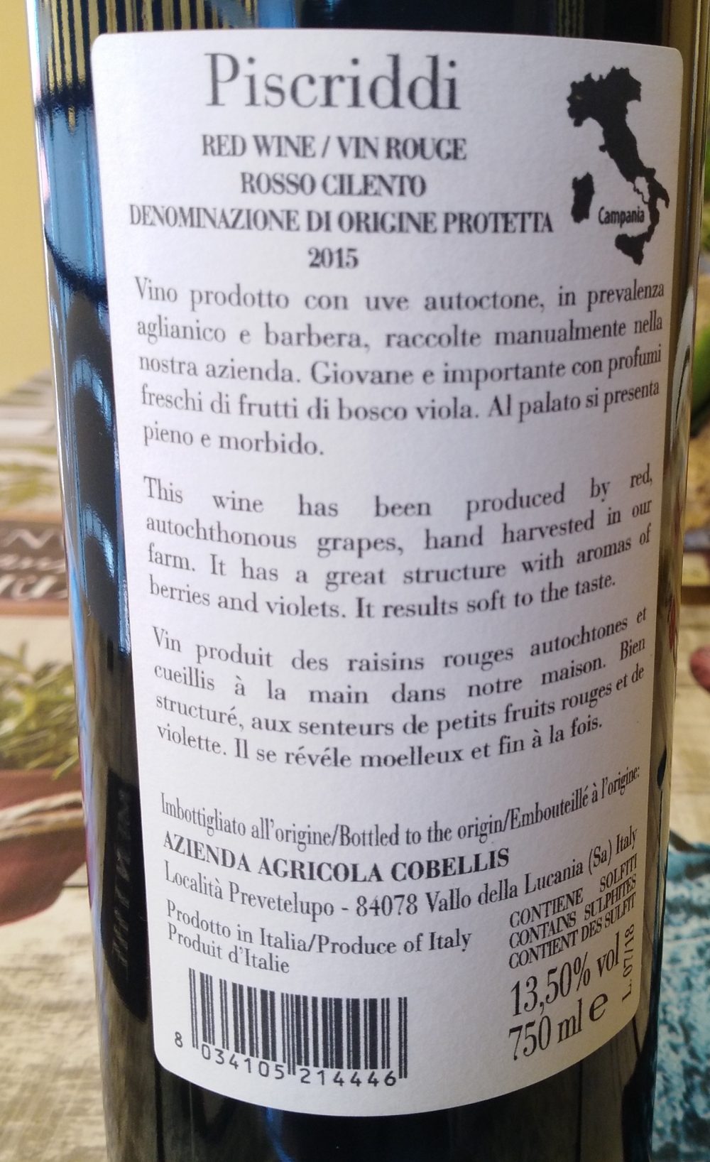 Controetichetta Piscriddi Rosso Cilento Dop 2015 Cobellis