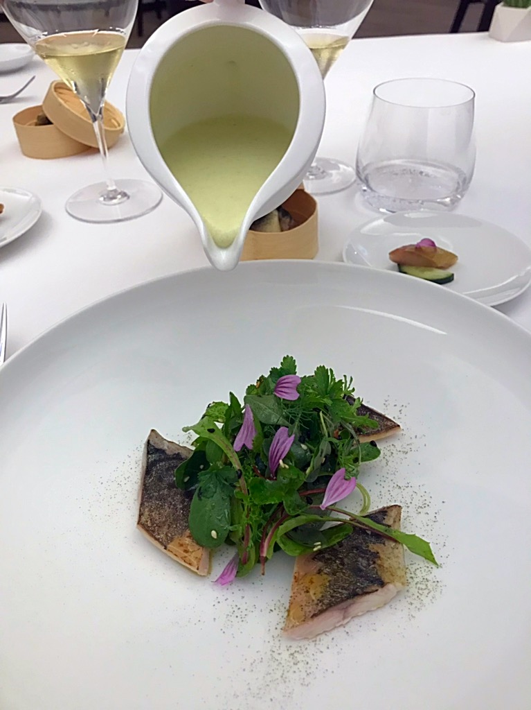 Ristorante Marotta - Sgombro e cetriolo, misticanza, bao, spirulina in fiore di malva e thè macha