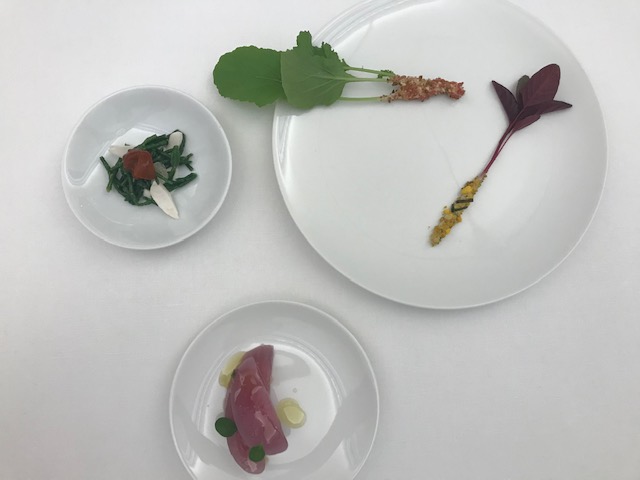 Ristorante Marotta - melanzana in agrodolce, cimetta verde con senape e furikake