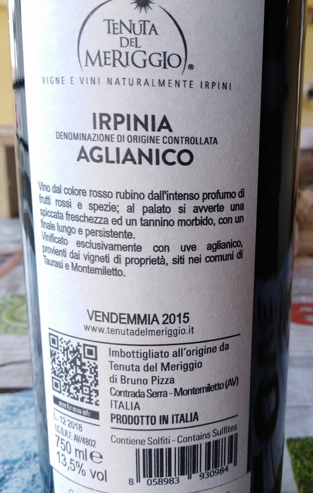 Controetichetta Irpinia Aglianico Doc 2015 - Tenuta del Meriggio