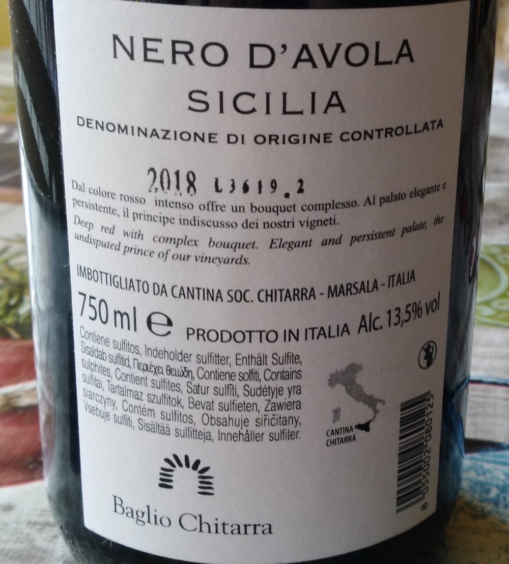 Controetichetta Nero d'Avola 2018 Baglio Chitarra