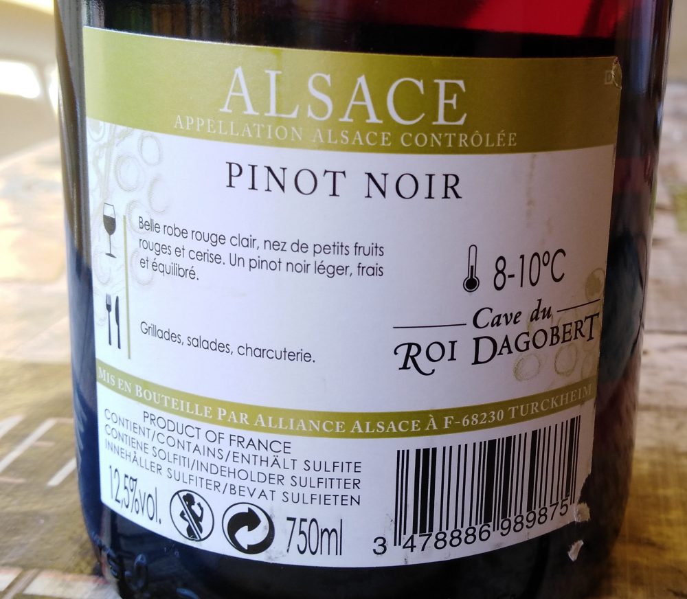 Controetichetta Pinot Noir Alsace AAC Tradition 2016 Cave du Roi Dagobert