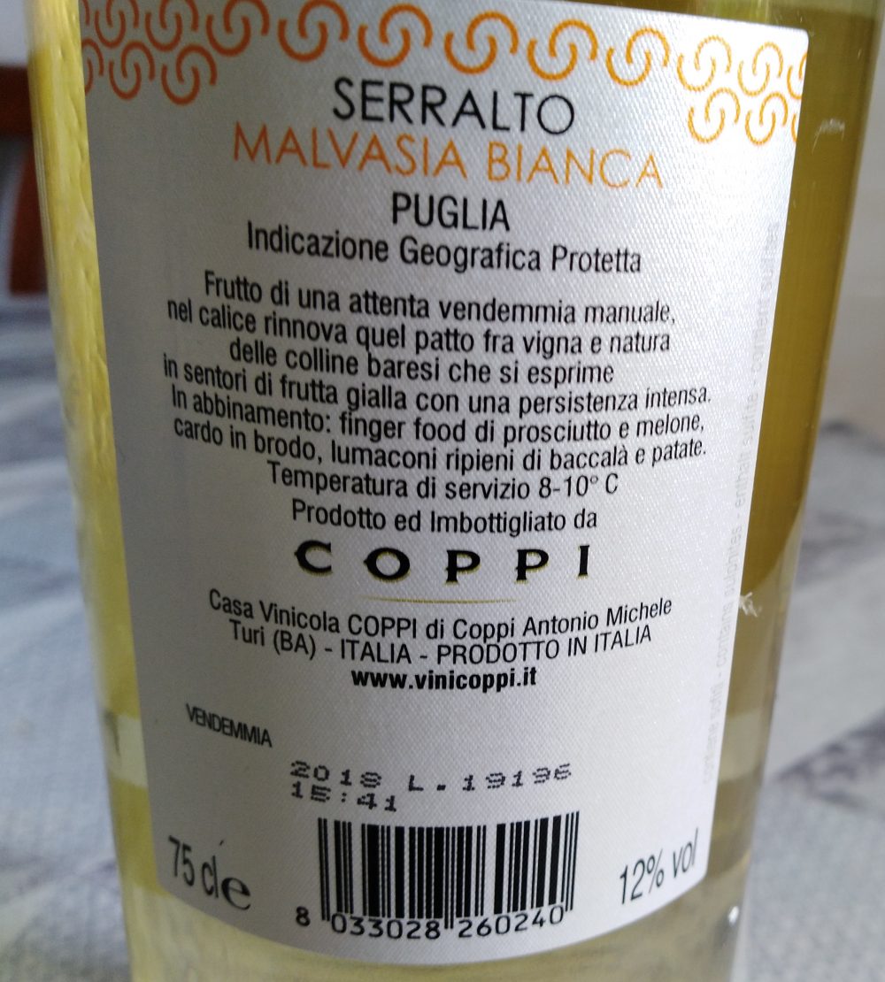 Controetichette Serralto Malvasia Bianca Puglia Igp 2018 Coppi