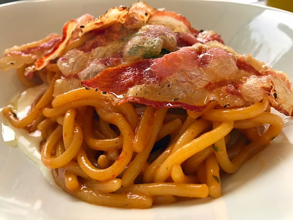 Ristorante RuRu' - Spaghettoni, bisquit di gberi, fondita di mozzarella e gianciale