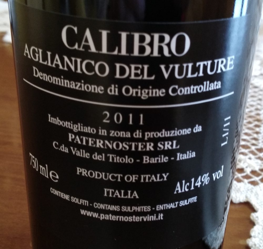 Controetichetta Calibro Aglianico del Vulture Doc 2011 Paternoster