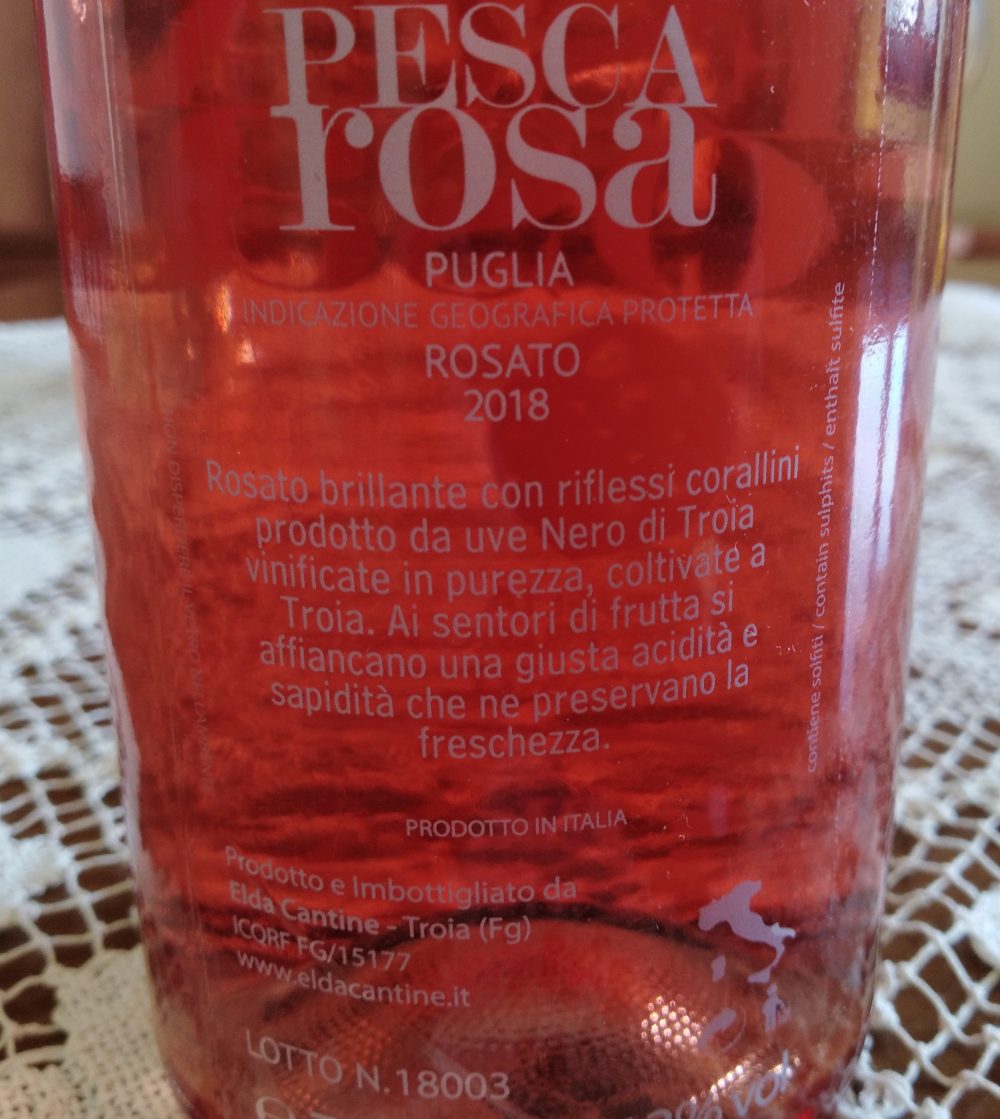 Controetichetta Pesca Rosa Rosato Puglia Igp 2018 Cantine Elda