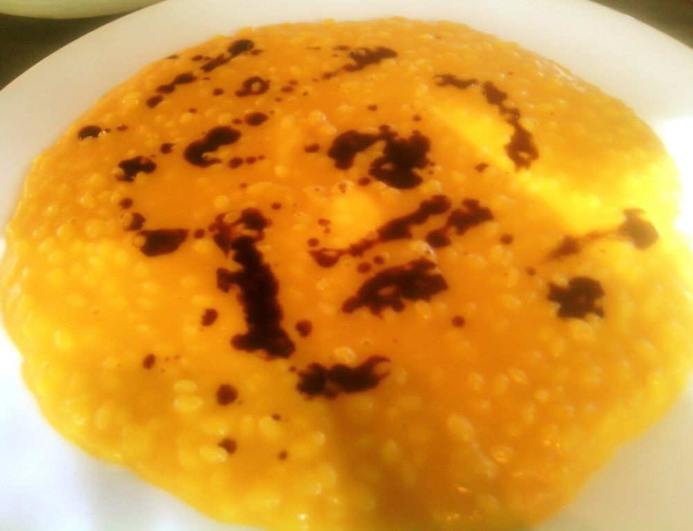 Benso- Zucca bagnata - risotto alla zucca mantecato, olio di semi di zucca, menta essiccata, pepe Timut