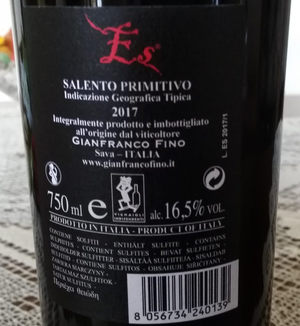 Controetichetta Es Salento Primitivo Igt 2017 Gianfranco Fino