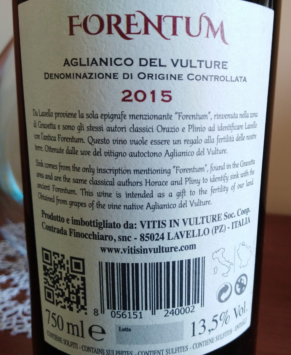 Controetichetta Forentum Aglianico del Vulture Doc 2015 Vitis in Vulture