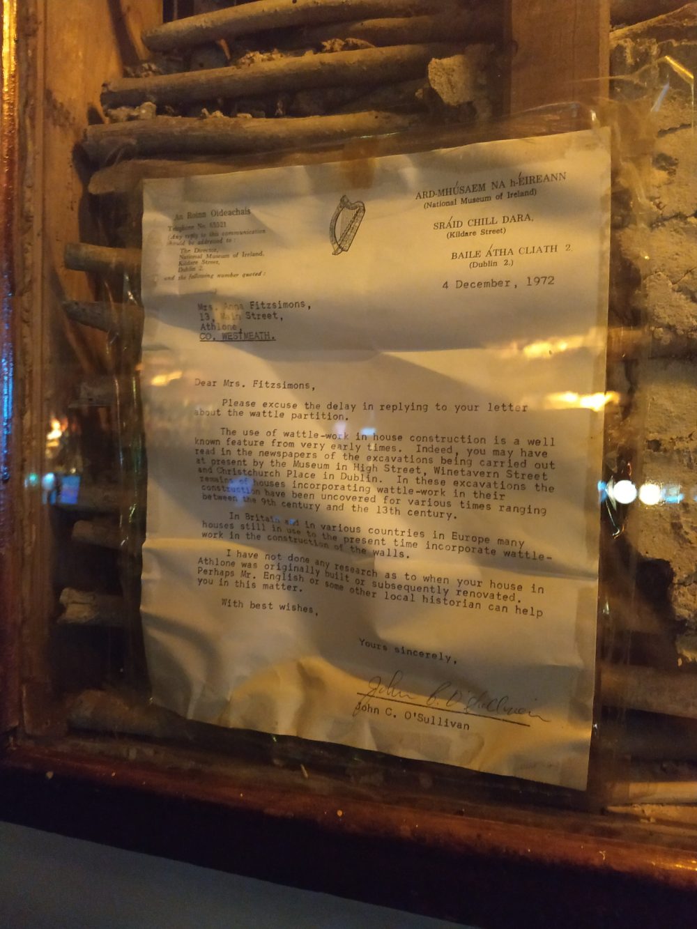 Sean’s Bar - la lettera del National Museum of Ireland dopo la ristrutturazione del 1970