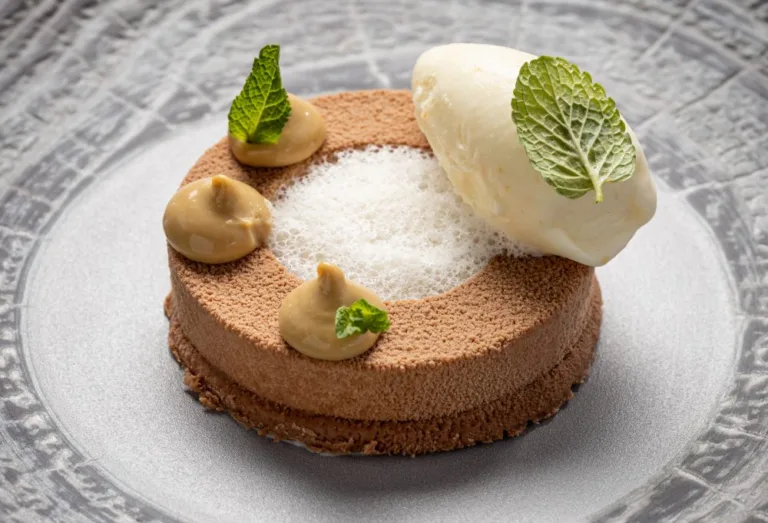 Come un Mustacciuolo: velluto al pisto, biscotto all’anice stellato, cremoso al moscovado, nocciola e gelato al mandarino