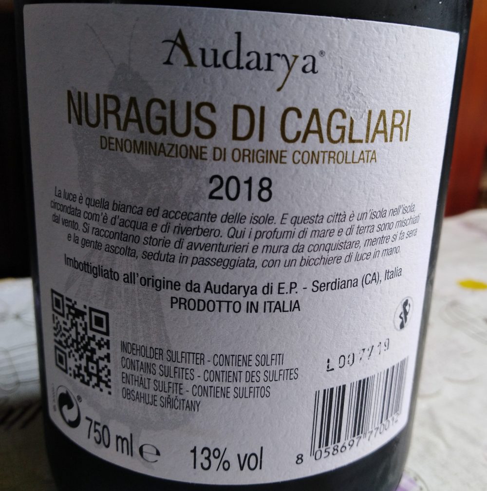 Controetichetta Nuragus di Cagliari Doc 2018 Audarya