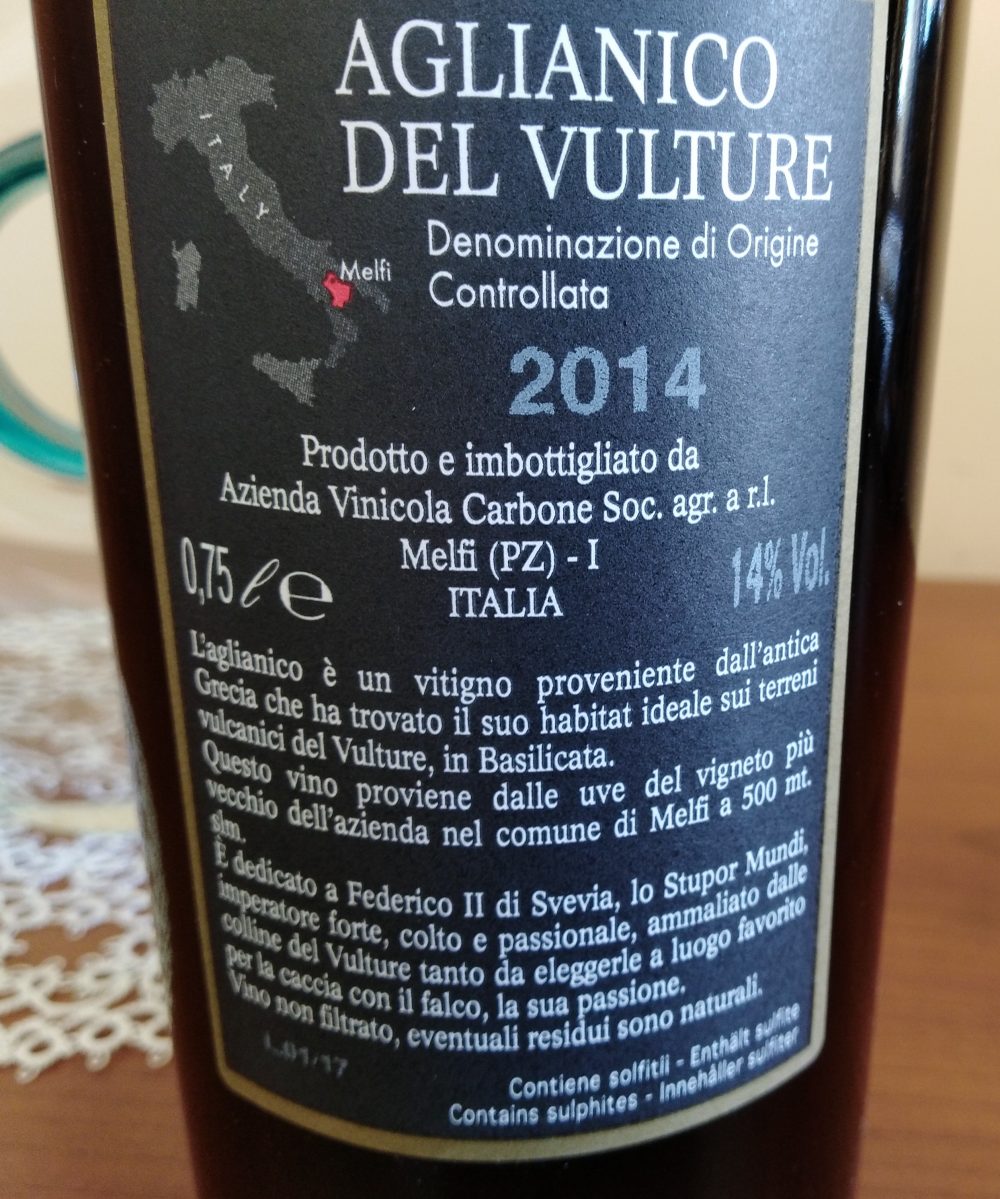 Controetichetta Stupor Mundi Aglianico del Vulture Doc 2014 Carbone vini