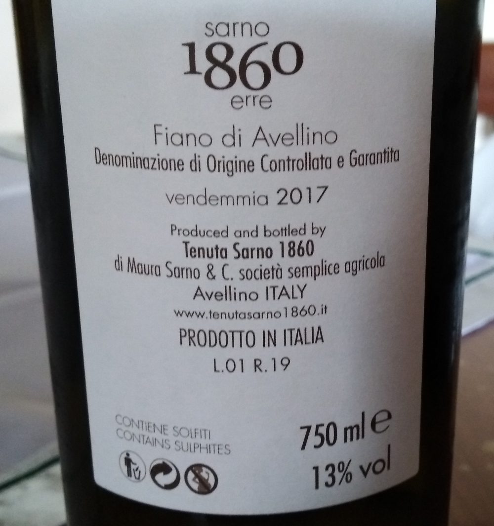 Controetichetta 1860 Fiano di Avellino Docg 2017 Tenuita Sarno 1860 erre