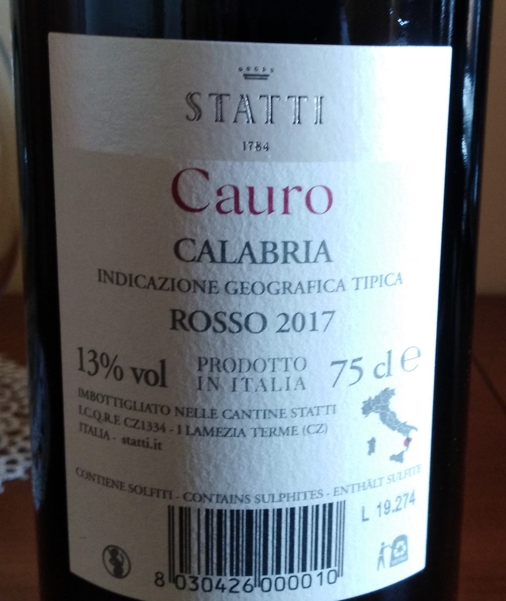 Controetichetta Cauro Rosso Calabria Igt 2017 Statti