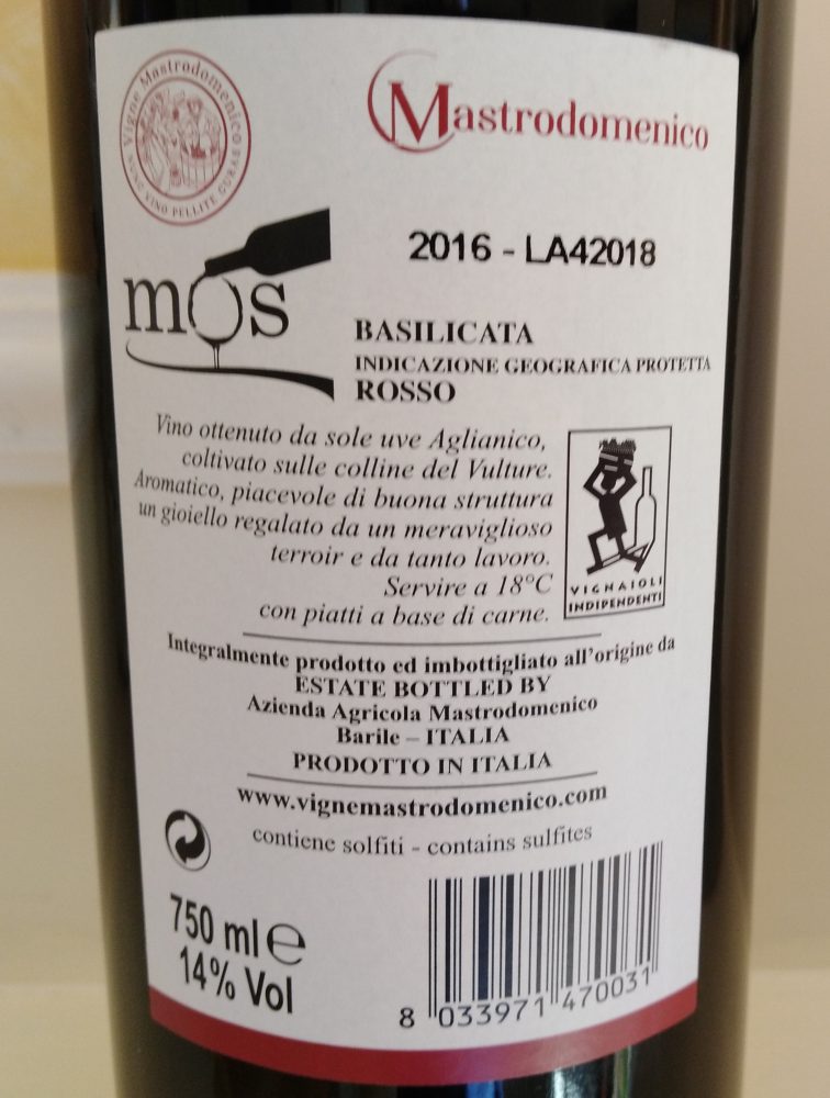 Controetichetta Mos Basilicata Rosso Igp 2016 Mastrodomenico