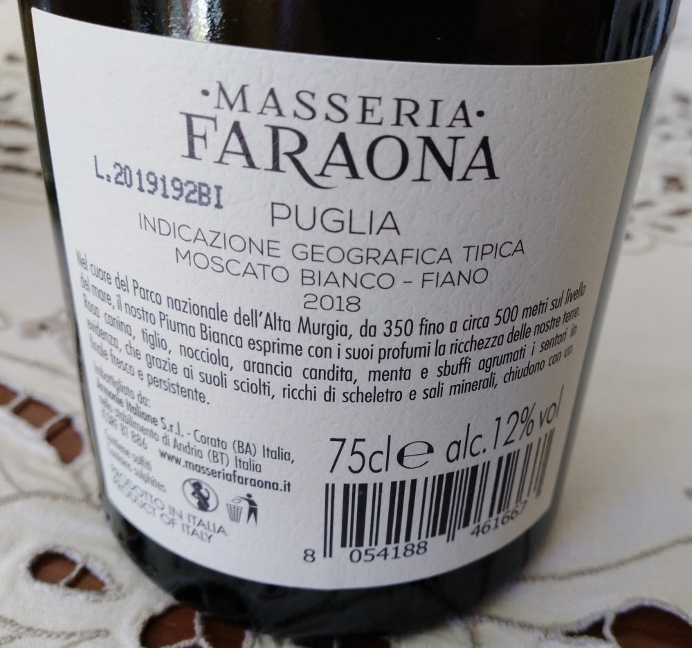 Controetichetta Piuma Bianca Moscato Bianco-Fiano Puglia Igt 2018 Masseria Faraona