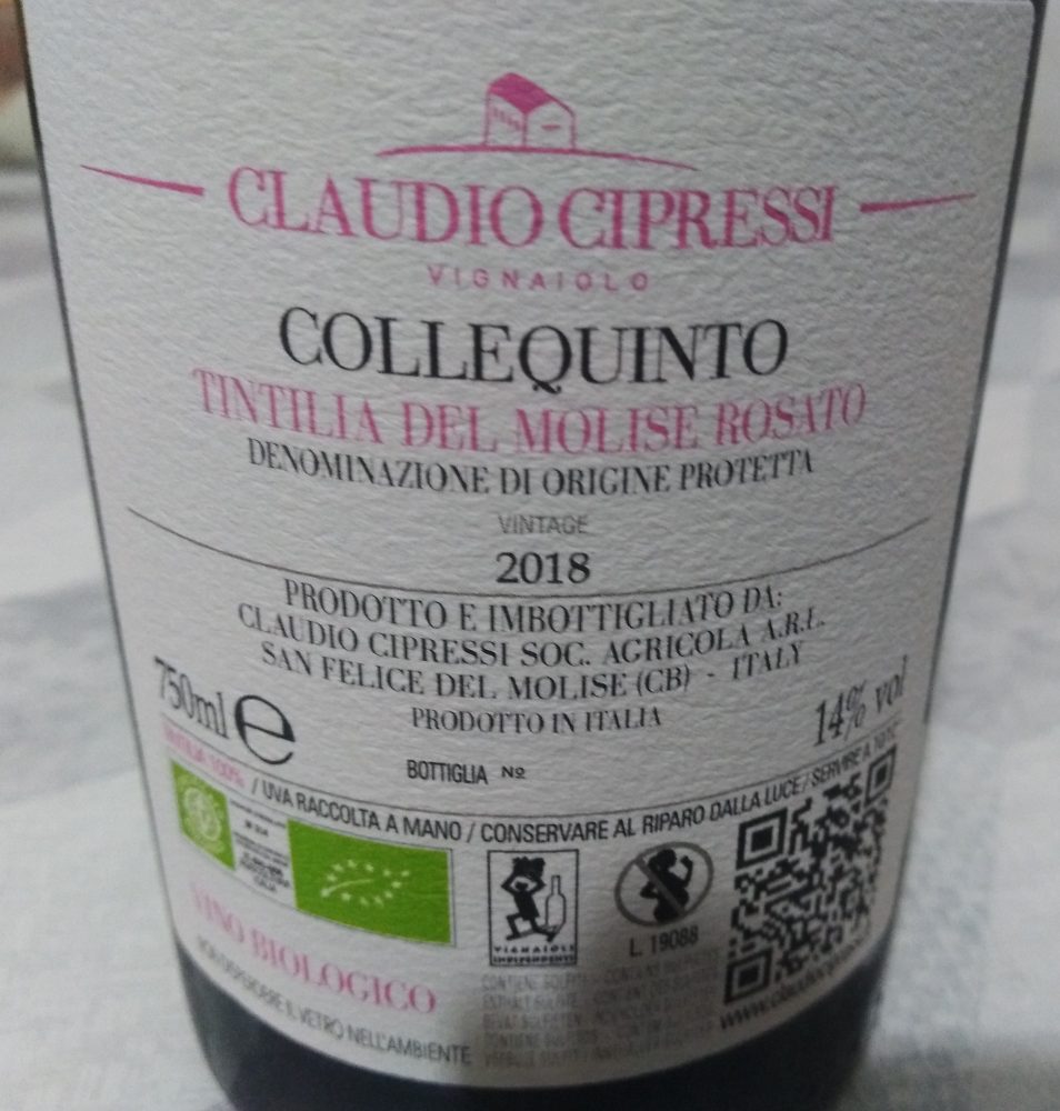 Conttroetichetta Collequinto Tintilia del Molise Rosato Dop 2018 Claudio Cipressi