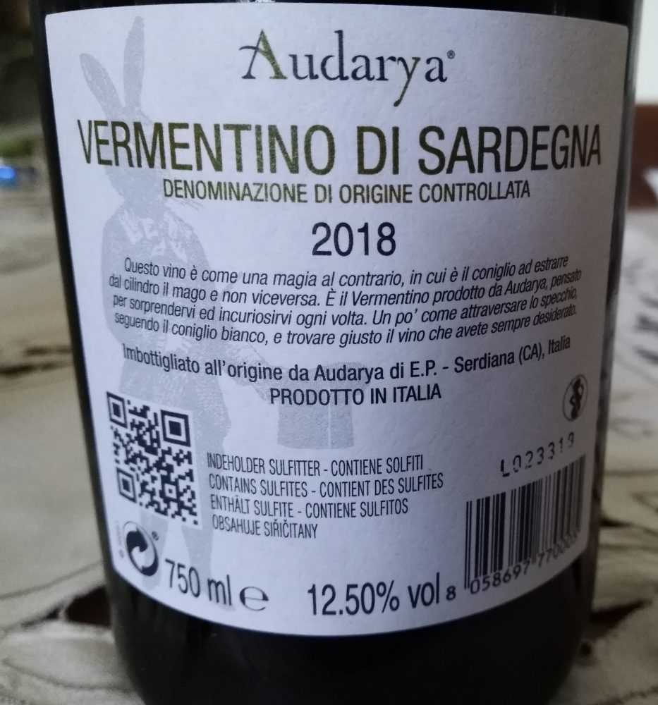 Contoetichetta Vermentino di Sardegna Doc 2018 Audarya