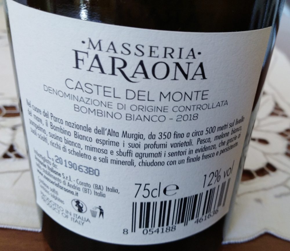 Controetichetta Bombino Bianco Castel del Monte Doc 2018 Masseria Faraona