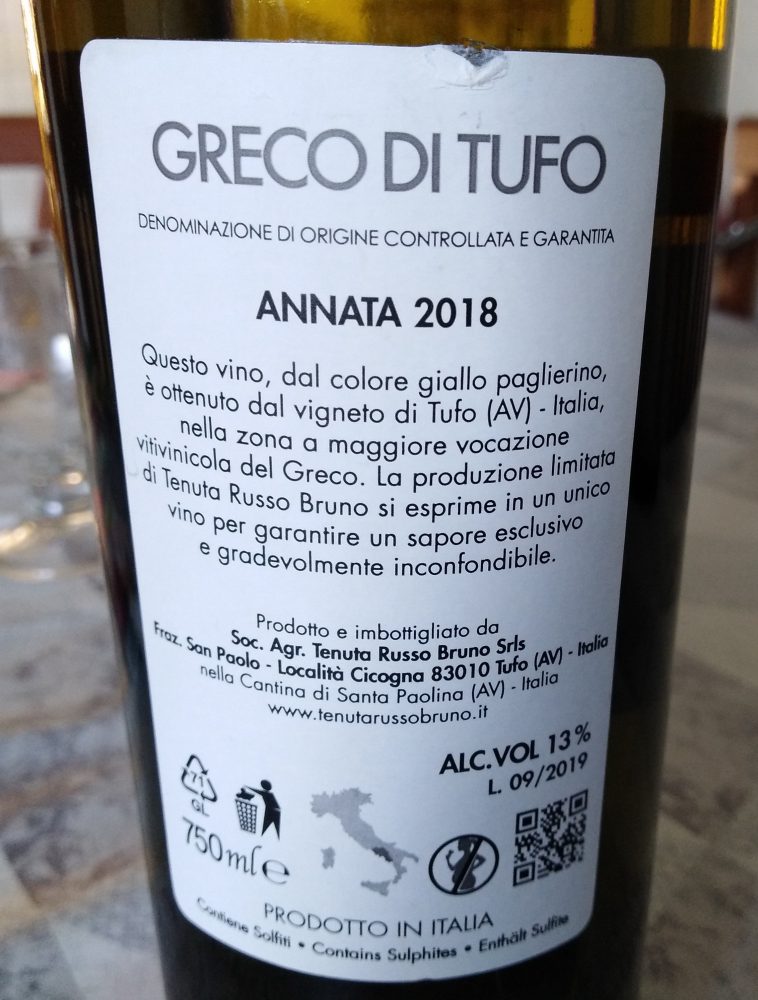 Controetichetta Greco di Tufo Docg 2018 Tenuta Russo Bruno