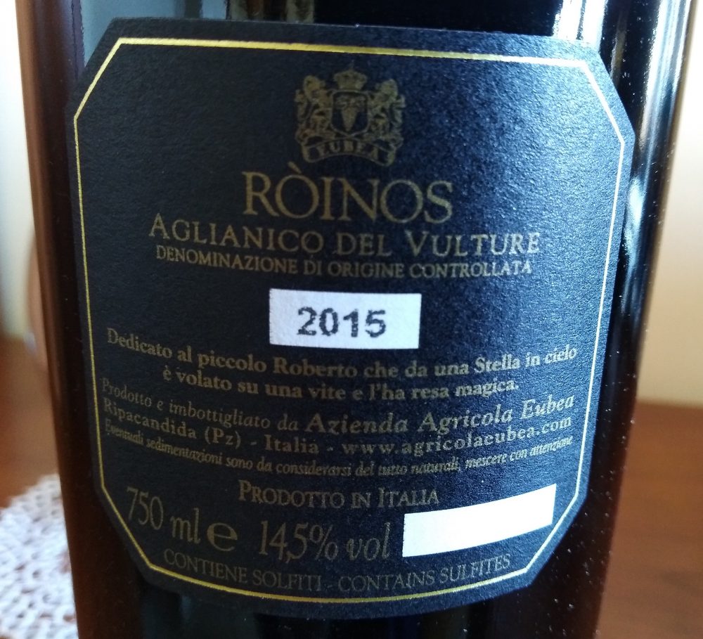 Controetichetta Roinos Aglianico del Vulture Doc 2015 Eubea