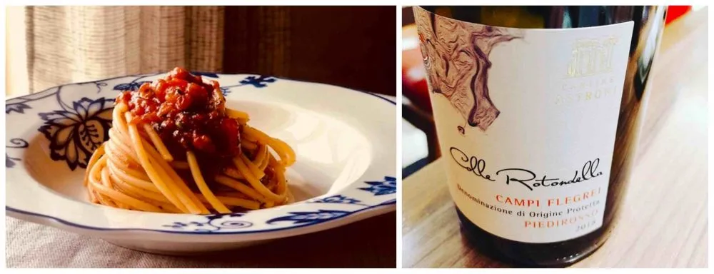 Spaghetti con pomodoro grigliato di Marco Ambrosino e Colle Rotondella di Cantine Astroni