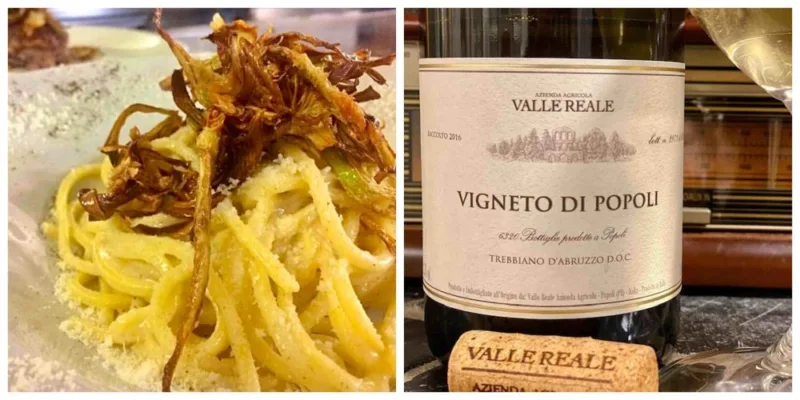 Cacio, pepe e carciofi croccanti e Trebbiano d’Abruzzo Vigneto di Popoli di Valle Reale
