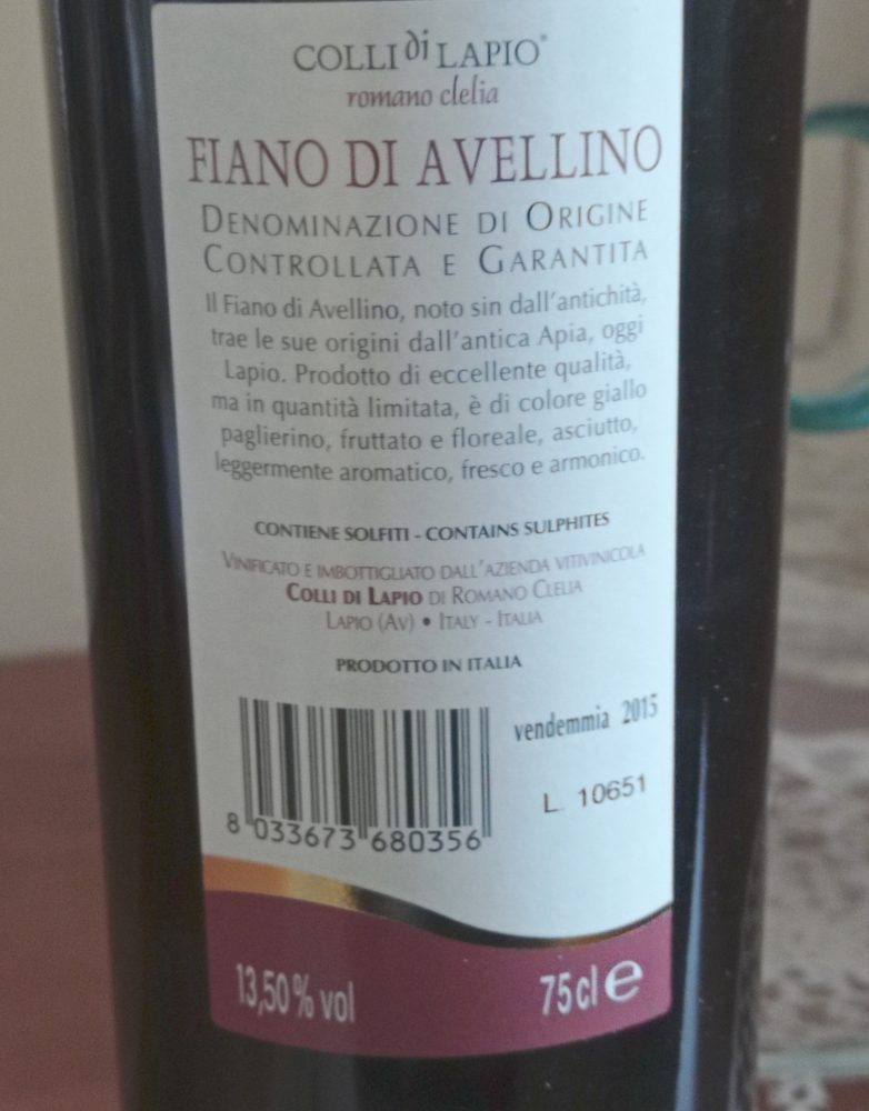 Controetichetta Fiano di Avellino Colli di Lapio Docg 2015 Clelia Romano