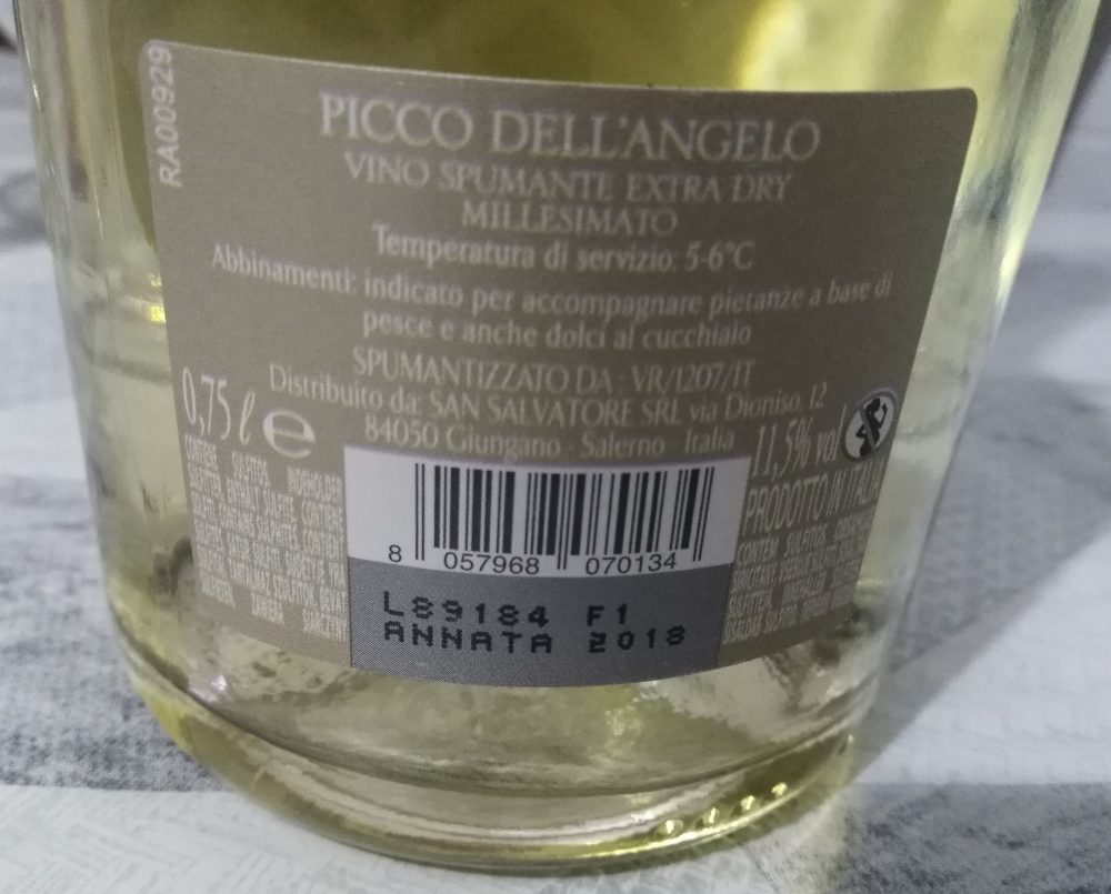 Controetichette Picco dell'Angelo Spumante extra dry millesimato San Salvatore 1988