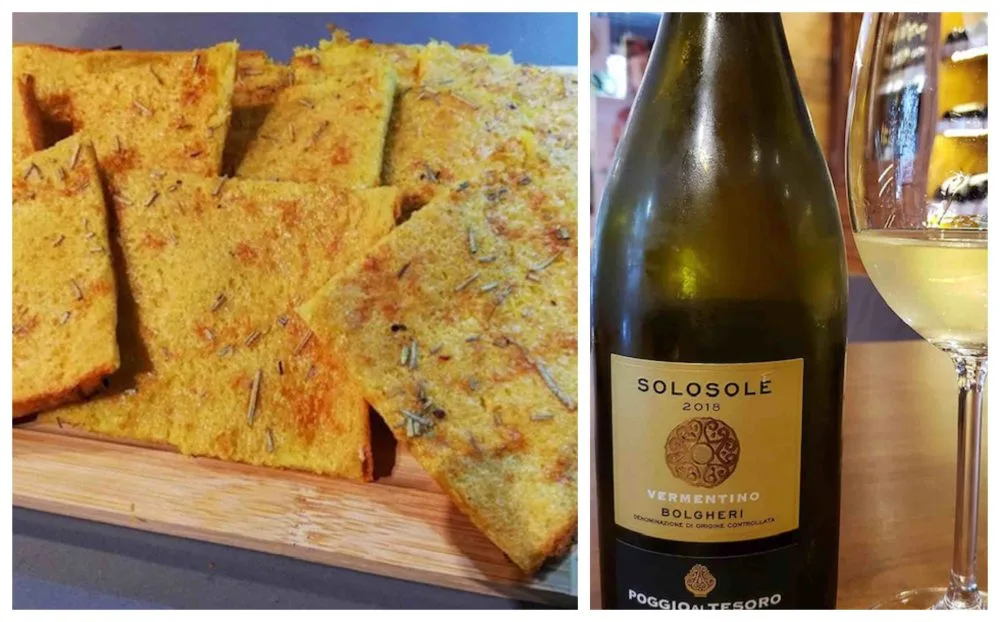 Farinata di ceci e vermentino Solosole di Poggio al Tesoro