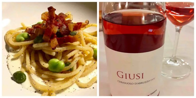 Mezzi paccheri fave, guanciale e pecorino e Cerasuolo d’Abruzzo Giusi di Tenuta Terraviva