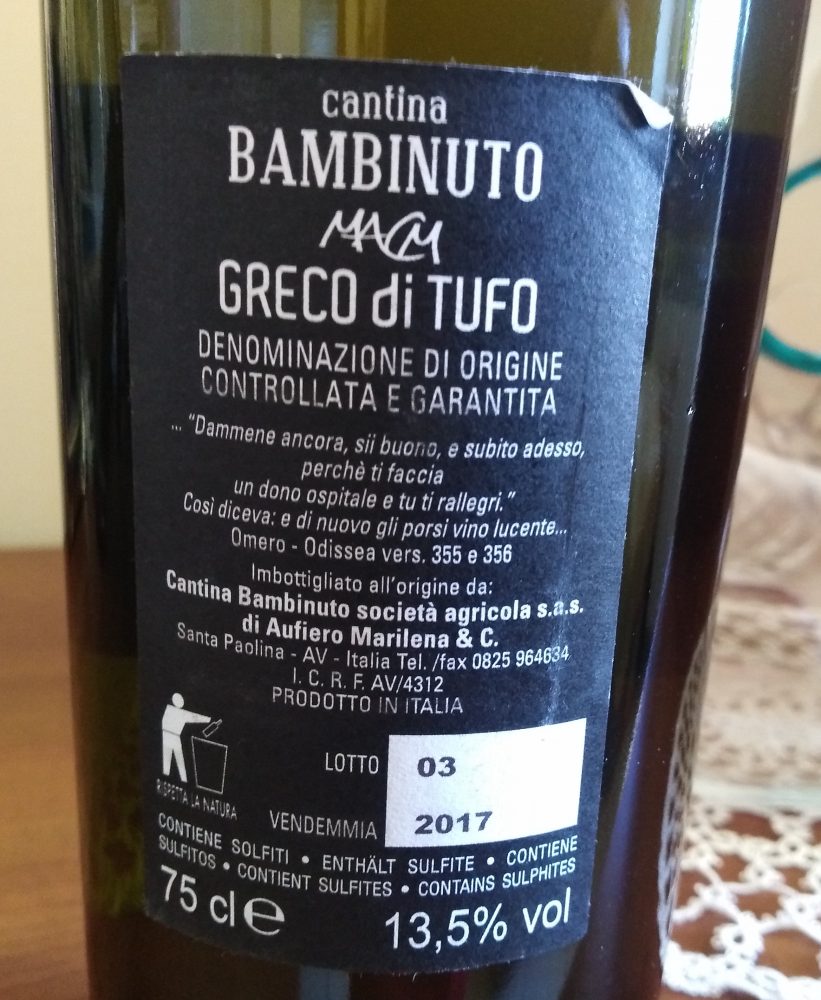 Controetichetta Greco di Tufo Docg 2017 Bambinuto